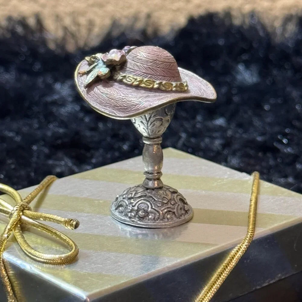 Sweet Romance Miniature Metal Hat Trinket Holder With Floral Vintage Style - Picture 3 of 6